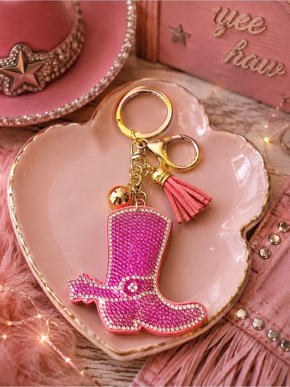 💖 Pink Rhinestone Cowboy Boot Keychain with Tassel
